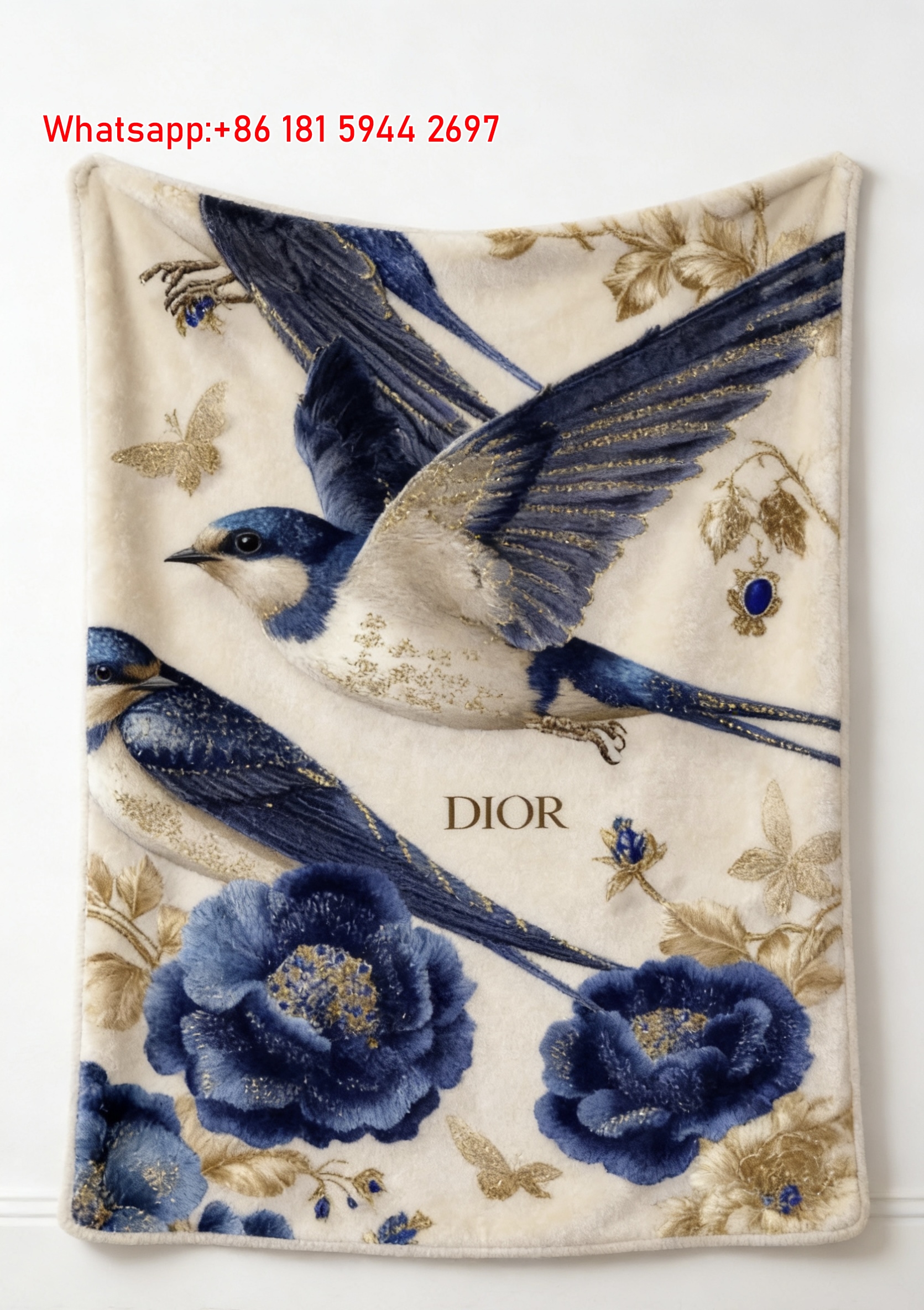 Dior Blue Gold Swallow Flannel Sofa Throw Blanket D023